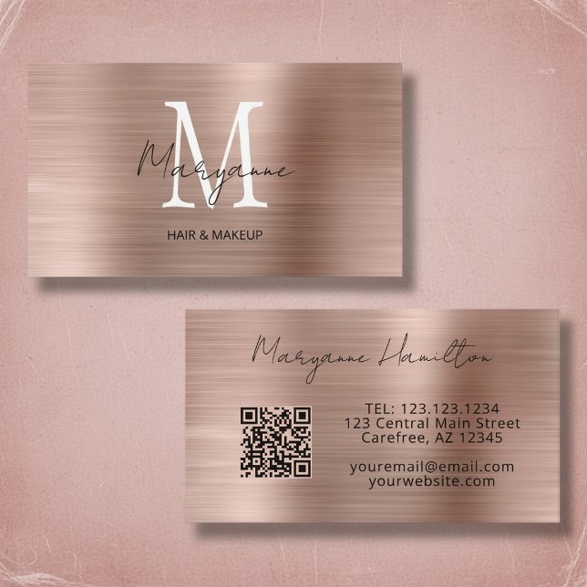 Carte De Visite Rose Gold Monogramme QR (Créateur téléchargé)