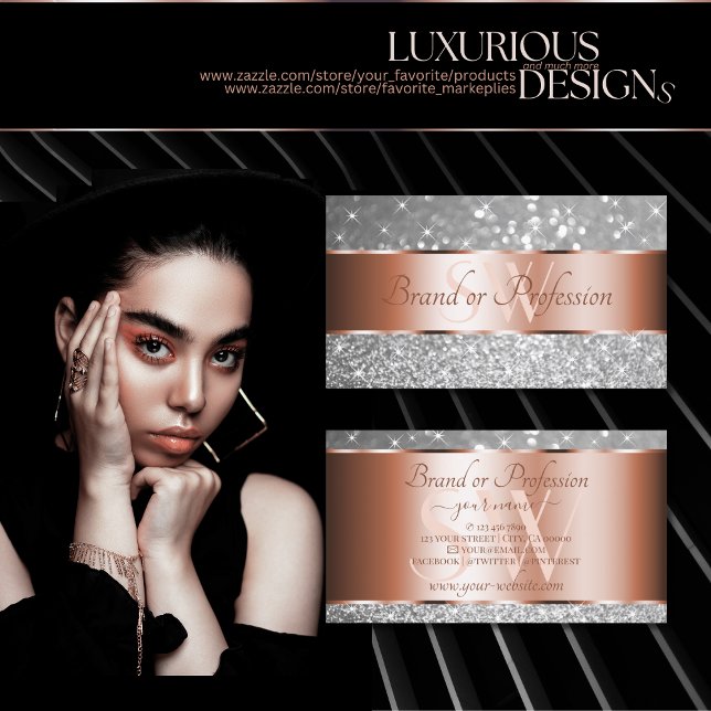 Carte De Visite Rose Gold Parties scintillant Argent Étoiles lumin (Créateur téléchargé)