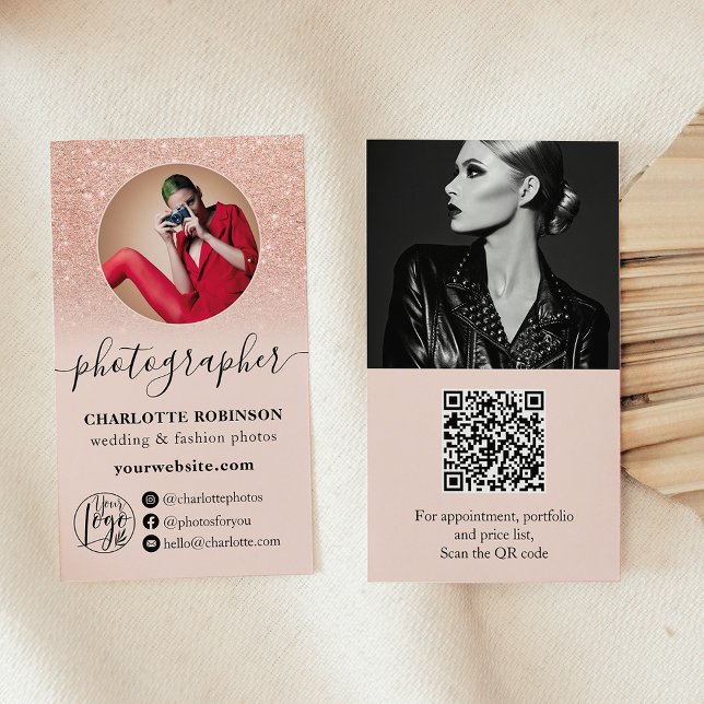 Carte De Visite Rose Gold parties scintillant rose photo qr logo p (Rose Gold glitter pink photo qr logo photographer Business Card)