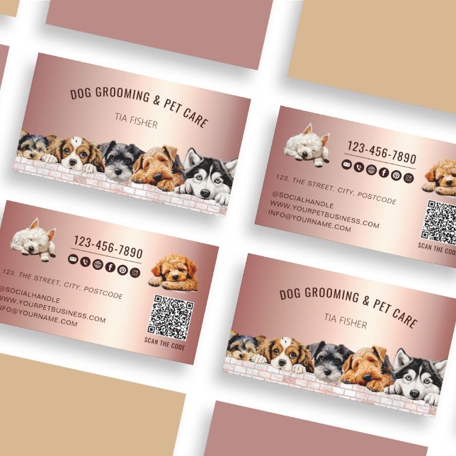 Carte De Visite Rose Gold Pink QR Code Social Media Chien Grooming (Créateur téléchargé)