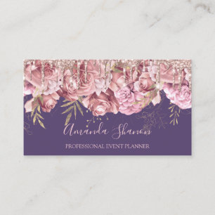 Carte De Visite Rose Gold Purple Roses Logo Planificateur d'événem