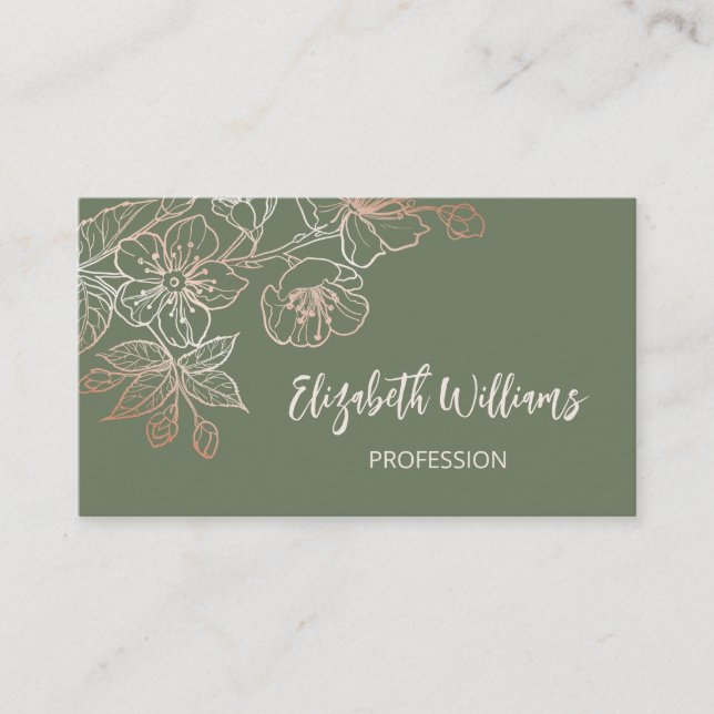 Carte De Visite Rose Gold Sage Green Line Art Floral (Devant)