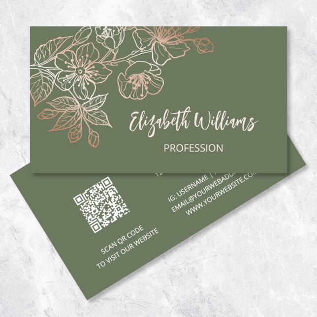 Carte De Visite Rose Gold Sage Vert Ligne Art Floral  | Code QR (Créateur téléchargé)