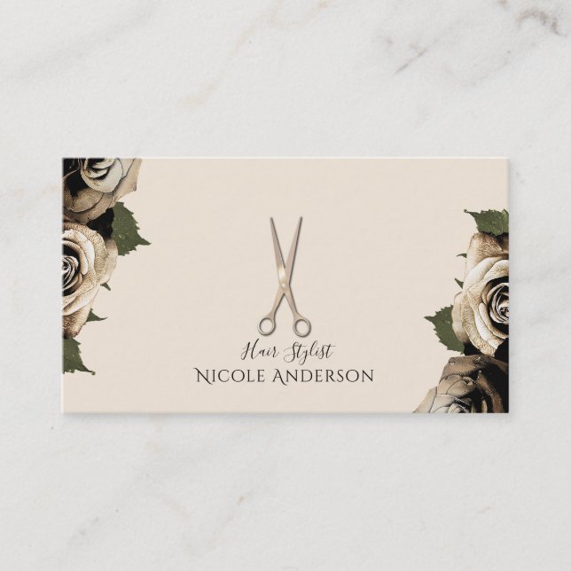 Carte De Visite Rose Gold Salon Hair Styliste Ciseaux Glam Roses (Devant)