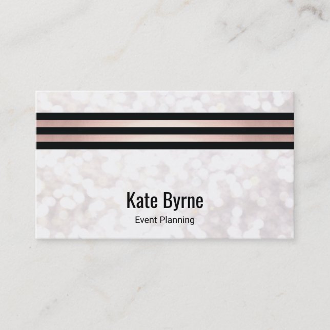 Carte De Visite Rose Gold Stried Moderne White Bokeh Parties scint (Devant)