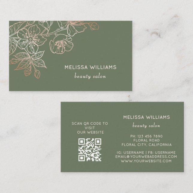 Carte De Visite Rose Gold Vert Sauge Dessin au Trait Floral  | Cod (Devant / Derrière)