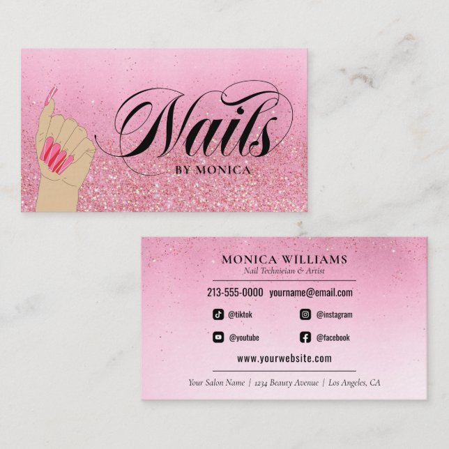 Carte De Visite Rose manucuriste Nail Tech Red Glam Parties scinti (Devant / Derrière)