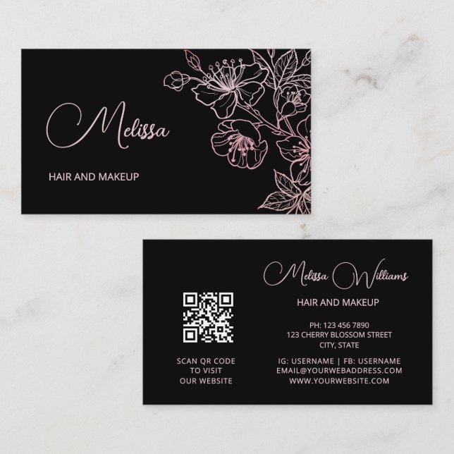 Carte De Visite Rose métallisé noir floral | Code QR  (Devant / Derrière)