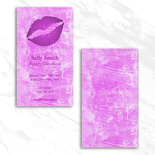 Carte De Visite Rose Moderne Fausse Texture Lèvres Violettes (Pink Modern Faux Texture Purple Lips Business Card)