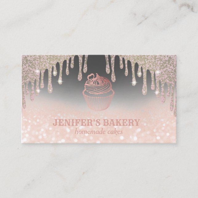 Carte De Visite Rose moderne or glittery cupcake boulangerie maiso (Devant)