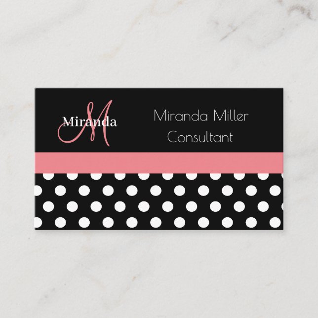 Carte De Visite Rose noir blanc Polka point Monogramme (Devant)