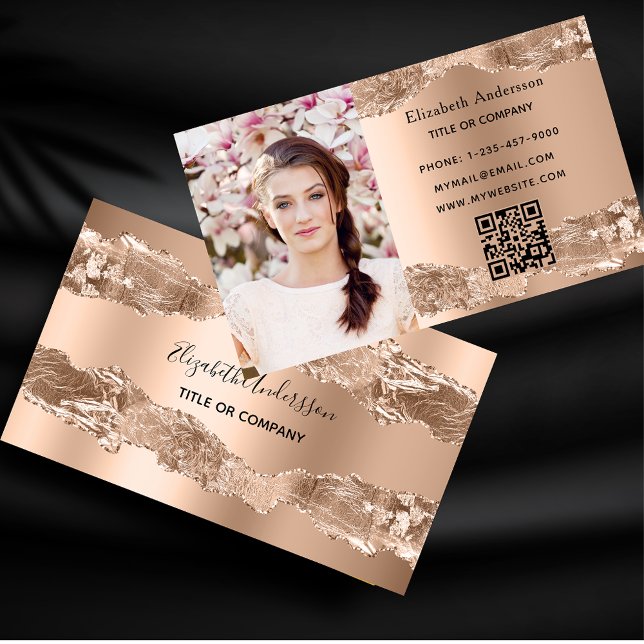 Carte De Visite Rose or agate marbre QR code photo (Créateur téléchargé)