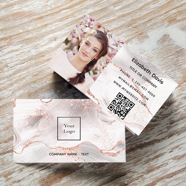 Carte De Visite Rose or blanc agate en marbre photo code QR logo (Créateur téléchargé)