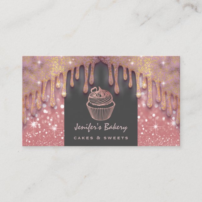 Carte De Visite Rose or luxe glittery gouttes cupcake boulangerie (Devant)