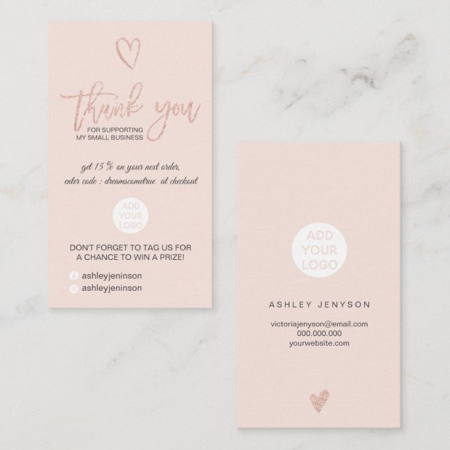 Carte De Visite Rose or script coeur blush logo commander merci (Devant / Derrière)