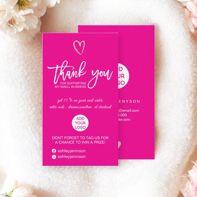 Carte De Visite Rose or script coeur rose logo commander merci (Rose gold script heart pink logo order thank you business card)