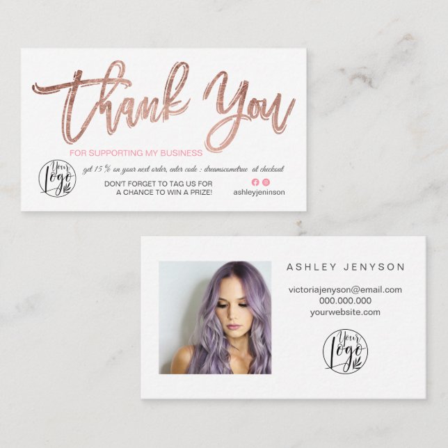 Carte De Visite Rose or script photo logo commander merci (Devant / Derrière)