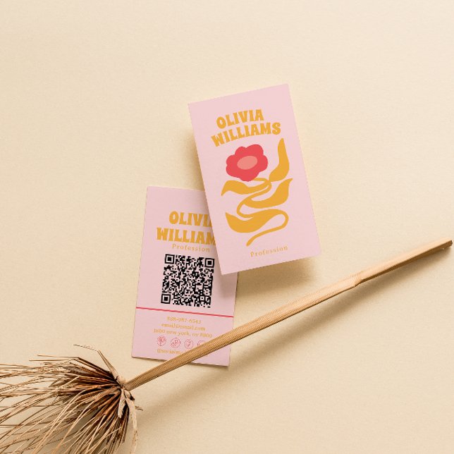 Carte De Visite Rose orange rétro boho code QR floral girly groovy (Créateur téléchargé)
