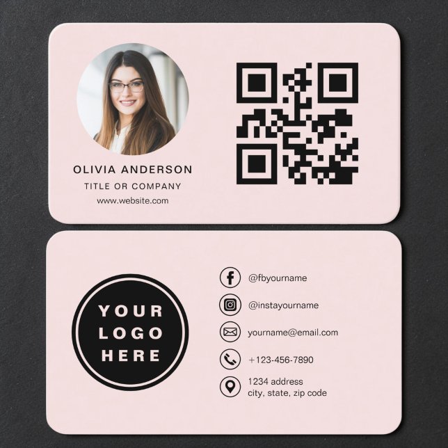 Carte de visite Rose Pâle avec Code QR Photo (Créateur téléchargé)