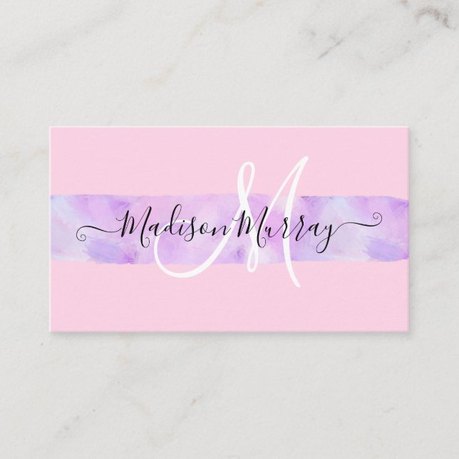 Carte De Visite Rose Pâle & Licorne Violet Lilac Monogramme Nom (Devant)
