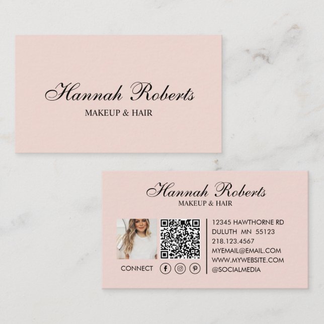 Carte De Visite Rose Pâle Noir Écriture Code QR Réseaux Sociaux Ma (Devant / Derrière)
