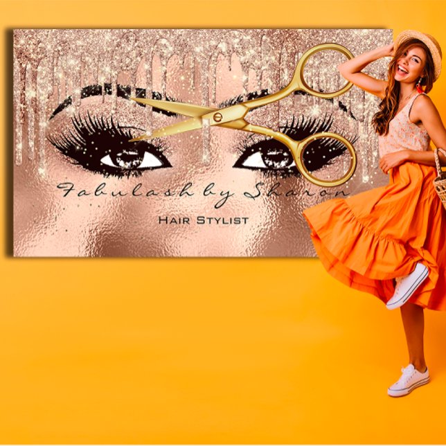 Carte De Visite Rose Parties scintillant ciseaux de maquillage (Makeup Hairs Lashes Glitter Drip Scissors Rose Business Card)