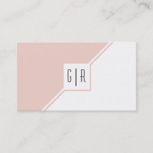 Carte De Visite Rose poudré et monogramme géométrique moderne blan