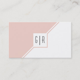 Carte De Visite Rose poudré et monogramme géométrique moderne blan