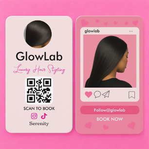 Carte de visite rose pour coiffeur avec code QR po