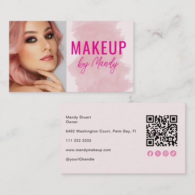 Carte de visite rose pour maquilleuse avec code QR (Devant / Derrière)