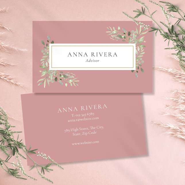 Carte De Visite Rose Poussiéreuse Feuillage Doré Géométrique Profe (Dusty Rose Greenery Gold Geometric Professional Business Card)