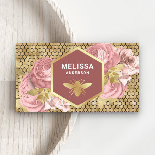 Carte De Visite Rose Poussiéreuse Floral Feuille D'Or Nid D'Abeill