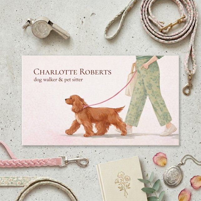 Carte de visite rose Promeneur de chien mignon Coc (Créateur téléchargé)