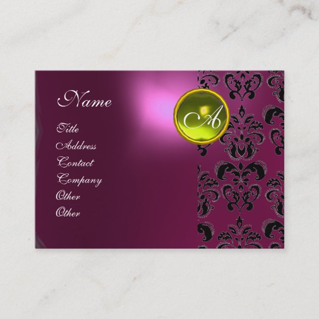 Carte De Visite ROSE PURPLE DAMASK JAUNE TOPAZ MONOGRAM, fuchsia (Devant)