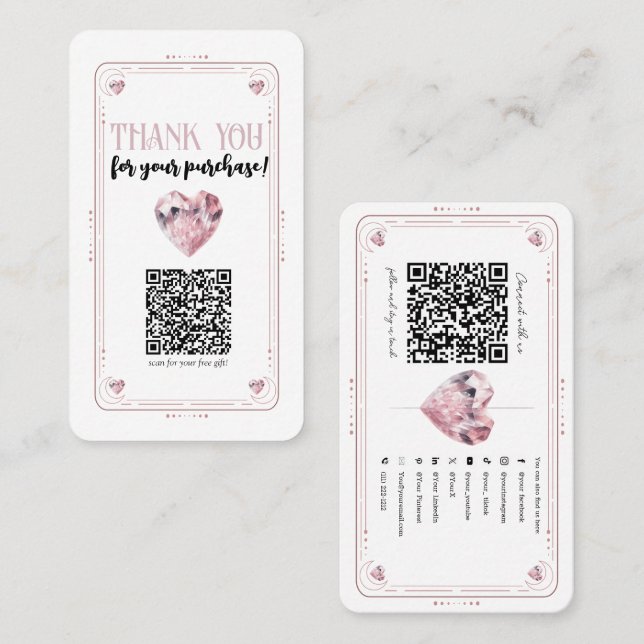 Carte De Visite Rose Quartz Rose Cœur Cristal Réseaux Sociaux QR (Devant / Derrière)