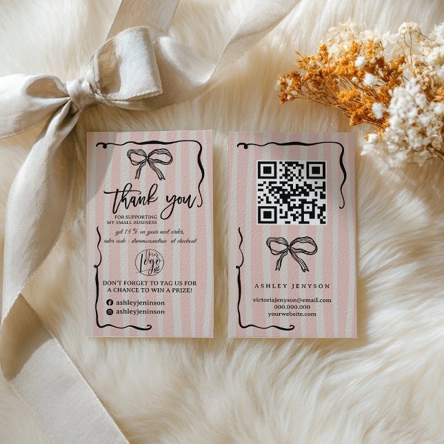Carte De Visite Rose Rétro beige Ruban Logo QR Merci Commande (Retro Pink beige Bow Logo QR Thank You Order Business Card)