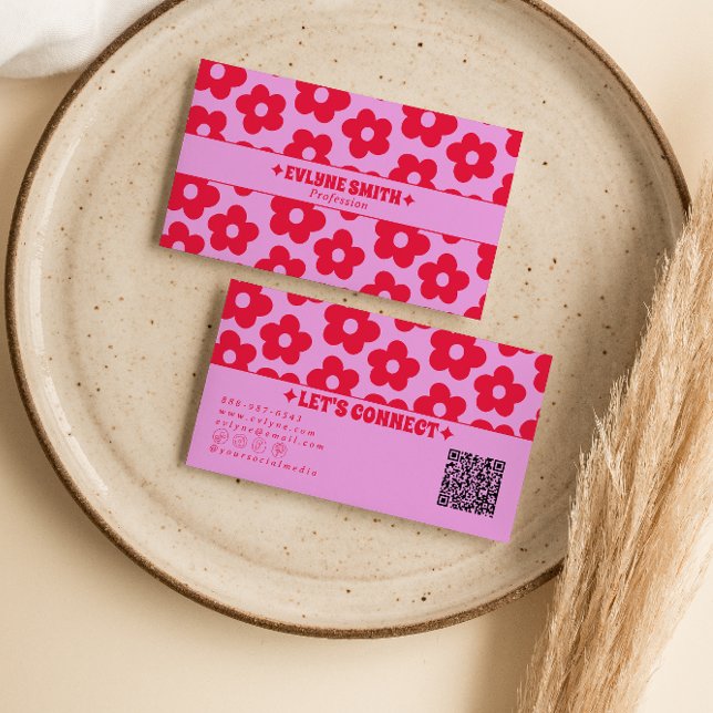 Carte De Visite Rose rétro code QR rouge floral bohème girly  (Créateur téléchargé)