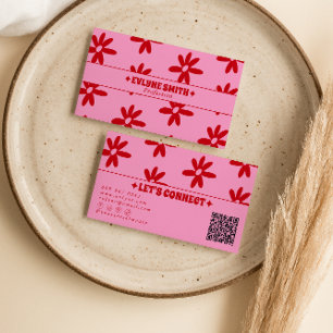Carte De Visite Rose rétro Code QR Rouge Groovy Floral Féminin Ten