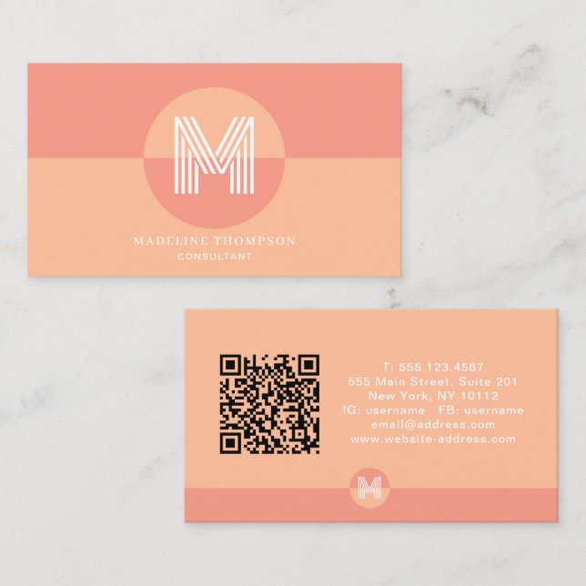 Carte De Visite Rose Rétro Géométrique Moderne Monogramme Code QR (Devant / Derrière)
