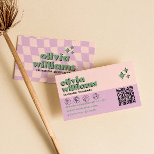 Carte De Visite Rose Rétro Vert Code QR Groovy À Carreaux Branché