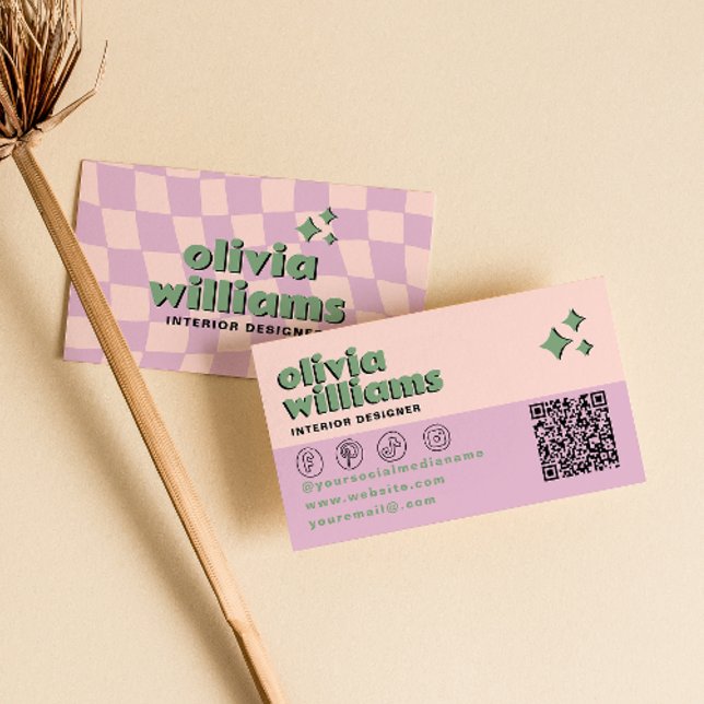 Carte De Visite Rose Rétro Vert Code QR Groovy À Carreaux Branché (Créateur téléchargé)