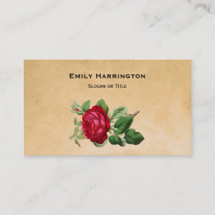 Carte De Visite Rose rouge vintage sur fond cuir fauve faux