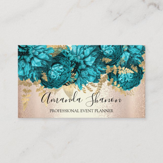 Carte De Visite Rose turquoise Gold Flowers Logo Planificateur d'é (Devant)