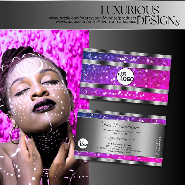 Carte De Visite Rose violet Parties scintillant Étoiles Argent Déc (Créateur téléchargé)