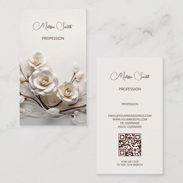 Carte De Visite Roses 3D Blanches Élégantes (Devant / Derrière)