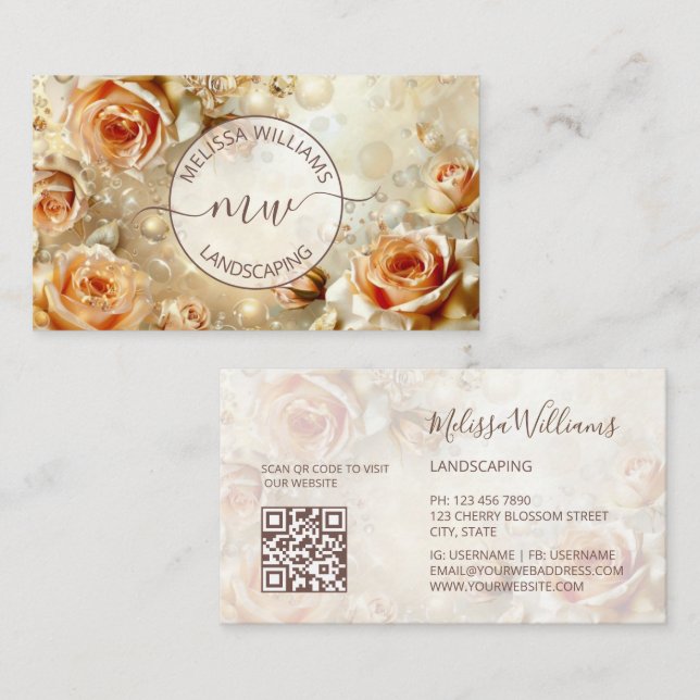 Carte De Visite Roses Abricot Luxe (Devant / Derrière)