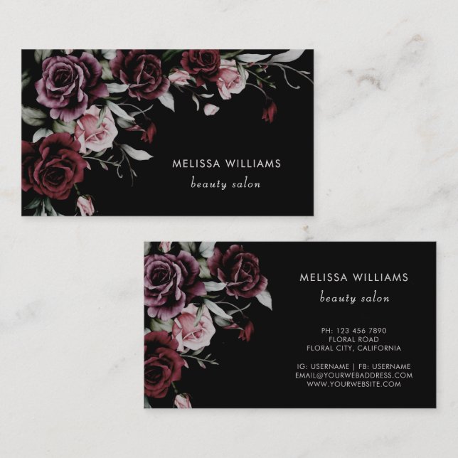 Carte De Visite Roses Aquarelle Fond Noir (Devant / Derrière)
