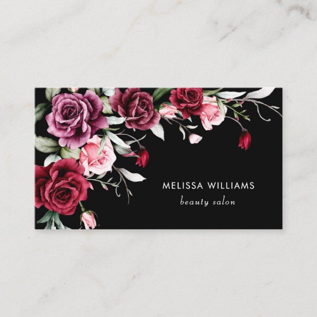 Carte De Visite Roses Aquarelle Fond Noir (Devant)