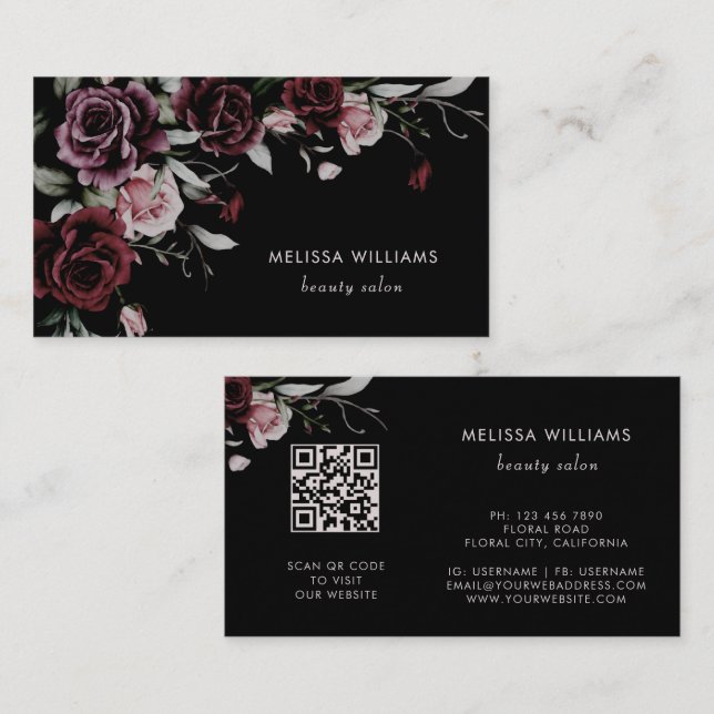 Carte De Visite Roses Aquarelle Fond Noir (Devant / Derrière)