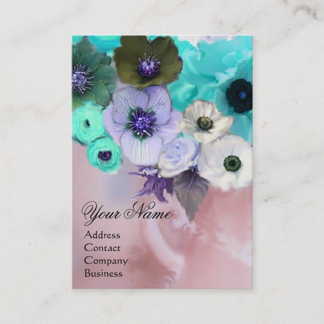 CARTE DE VISITE ROSES BLEUES ET ANÉMONES BLANCHES TEINTÉES DE BLEU (Devant)